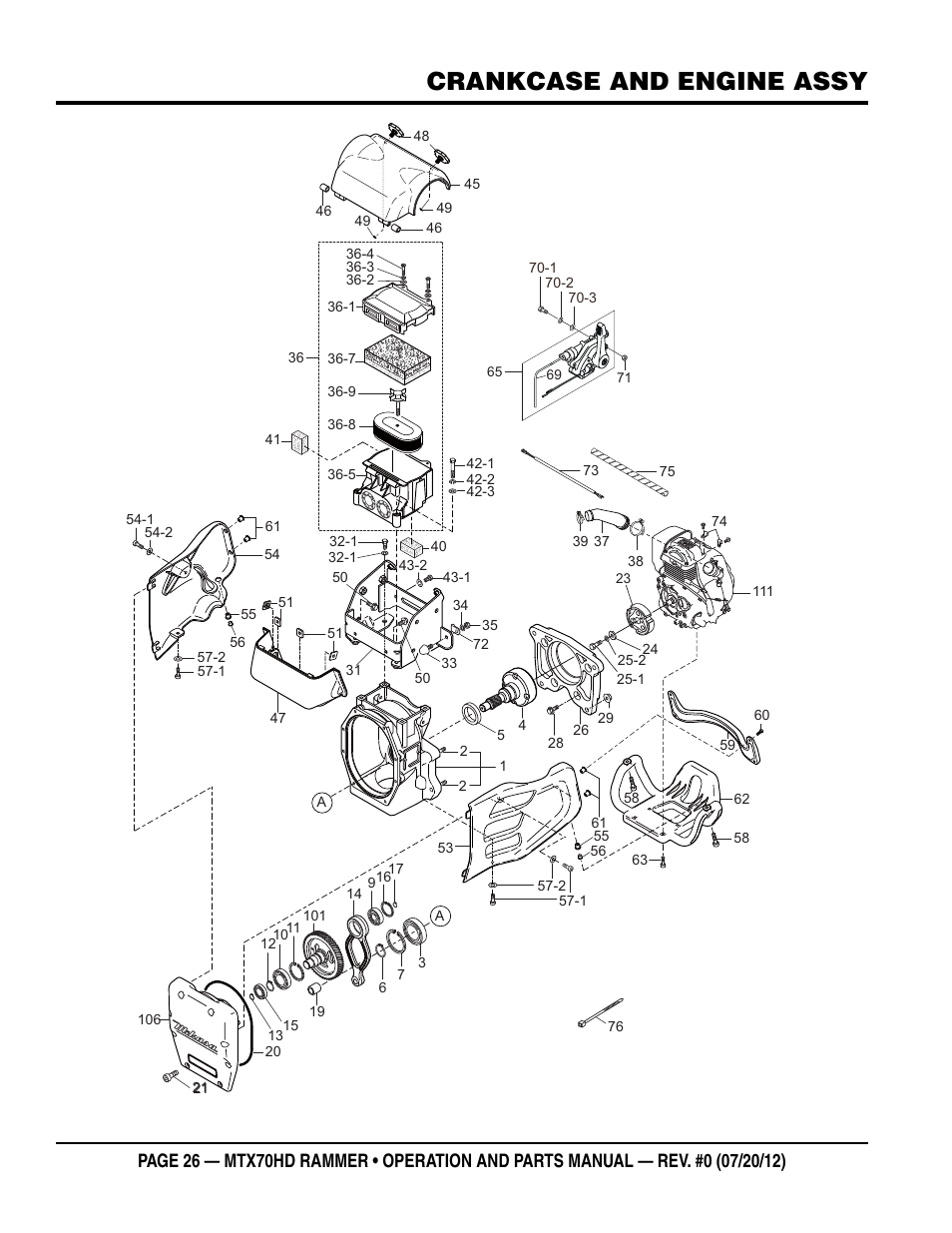 Mtx70hd — crankcase and engine assy, Crankcase and engine assy | Multiquip MTX70HD User Manual | Page 26 / 68