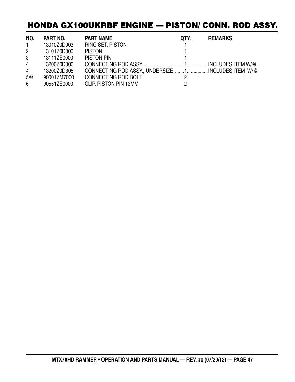 Honda gx100ukrbf engine — piston/ conn. rod assy | Multiquip MTX70HD User Manual | Page 47 / 68