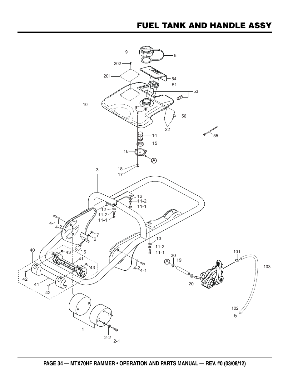 Fuel tank and handle assy | Multiquip MTX70HF User Manual | Page 34 / 68