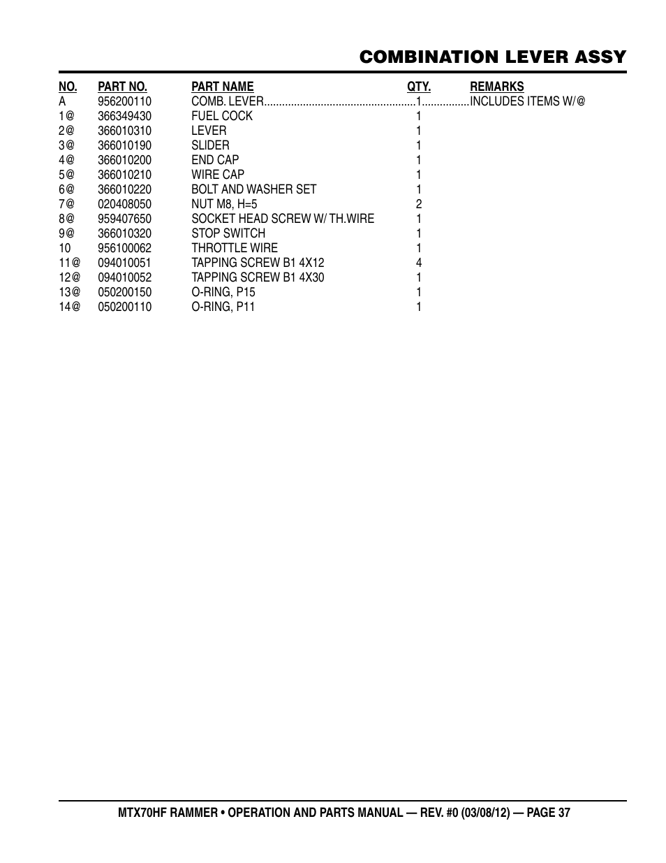 Combination lever assy | Multiquip MTX70HF User Manual | Page 37 / 68