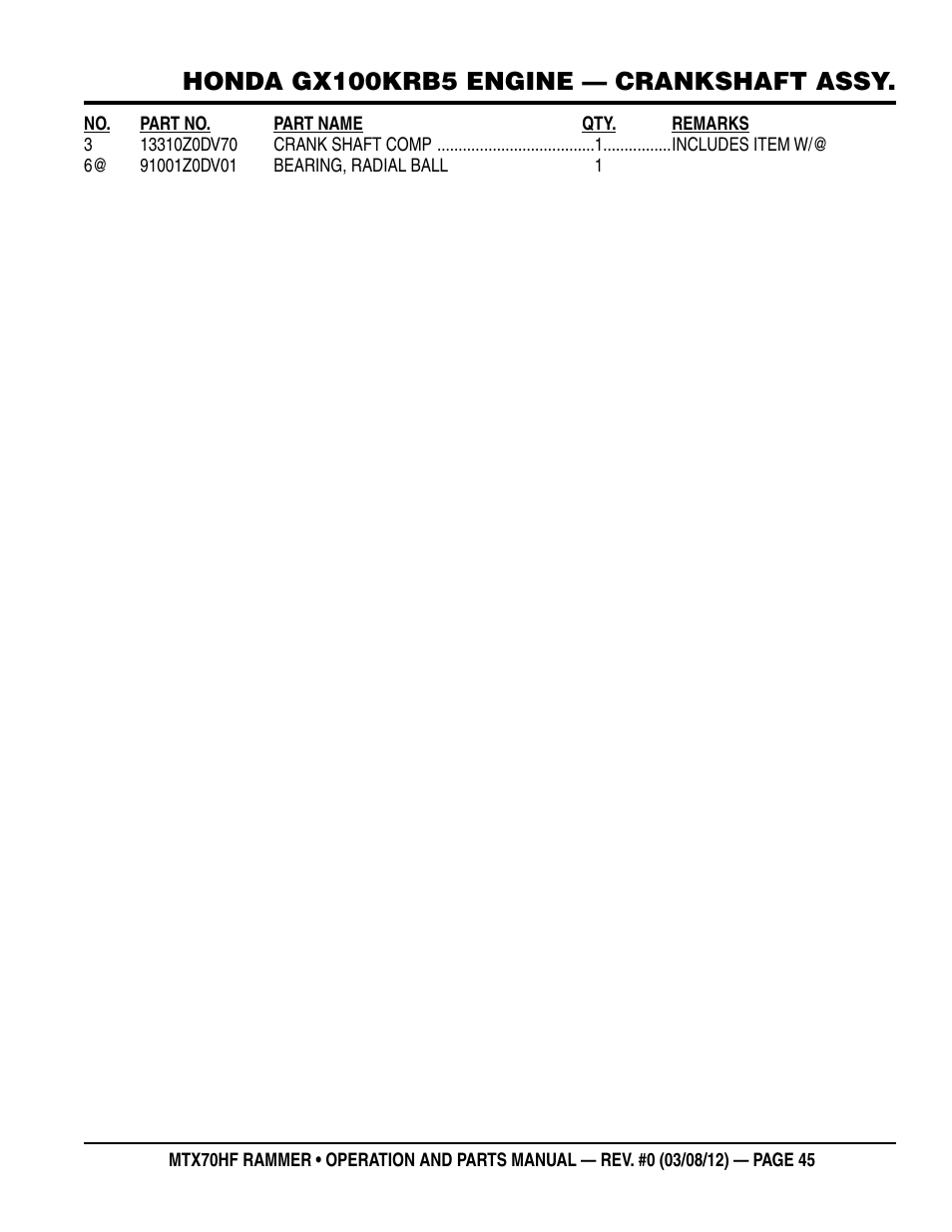 Honda gx100krb5 engine — crankshaft assy | Multiquip MTX70HF User Manual | Page 45 / 68