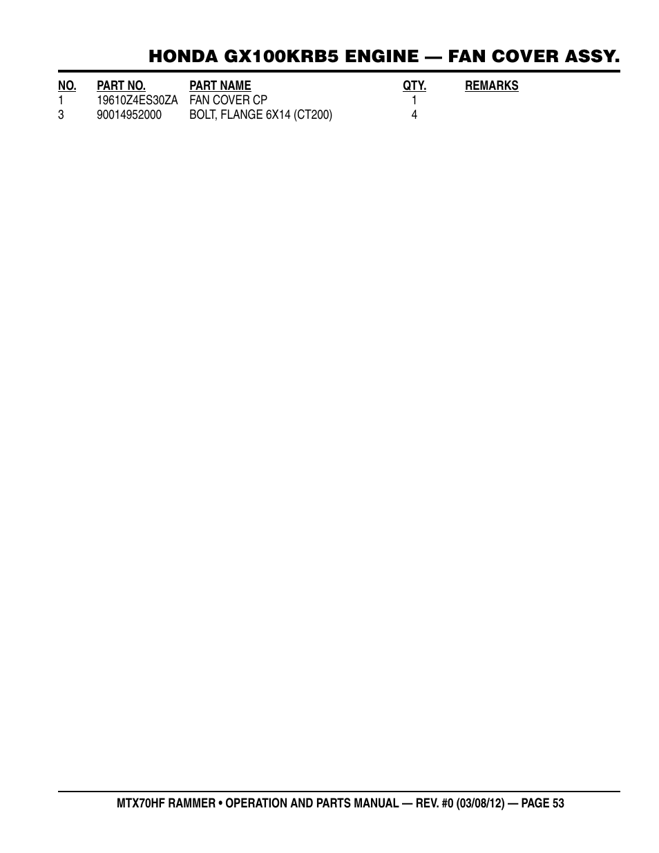 Honda gx100krb5 engine — fan cover assy | Multiquip MTX70HF User Manual | Page 53 / 68