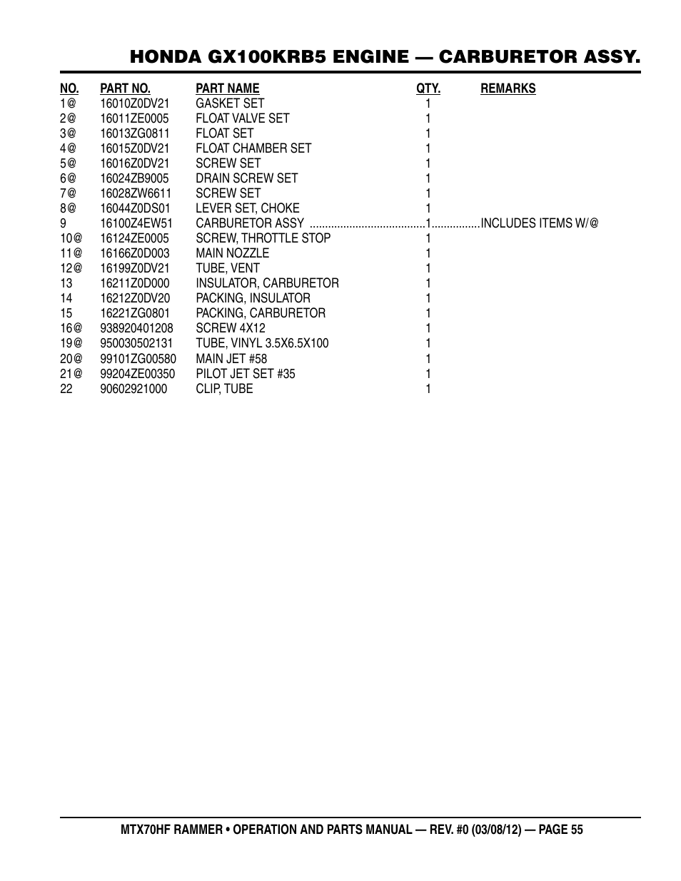 Honda gx100krb5 engine — carburetor assy | Multiquip MTX70HF User Manual | Page 55 / 68
