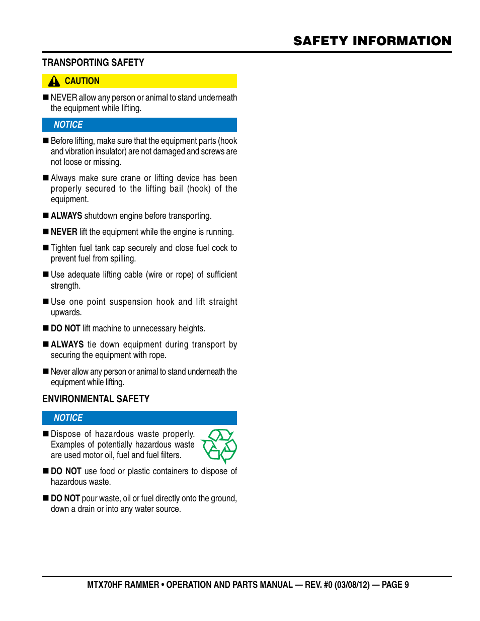 Safety information | Multiquip MTX70HF User Manual | Page 9 / 68