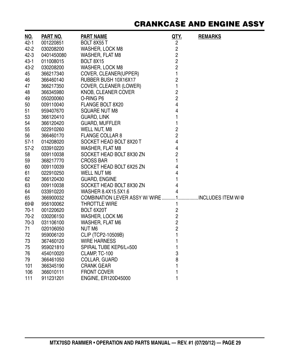 Crankcase and engine assy | Multiquip MTX70SD User Manual | Page 29 / 58