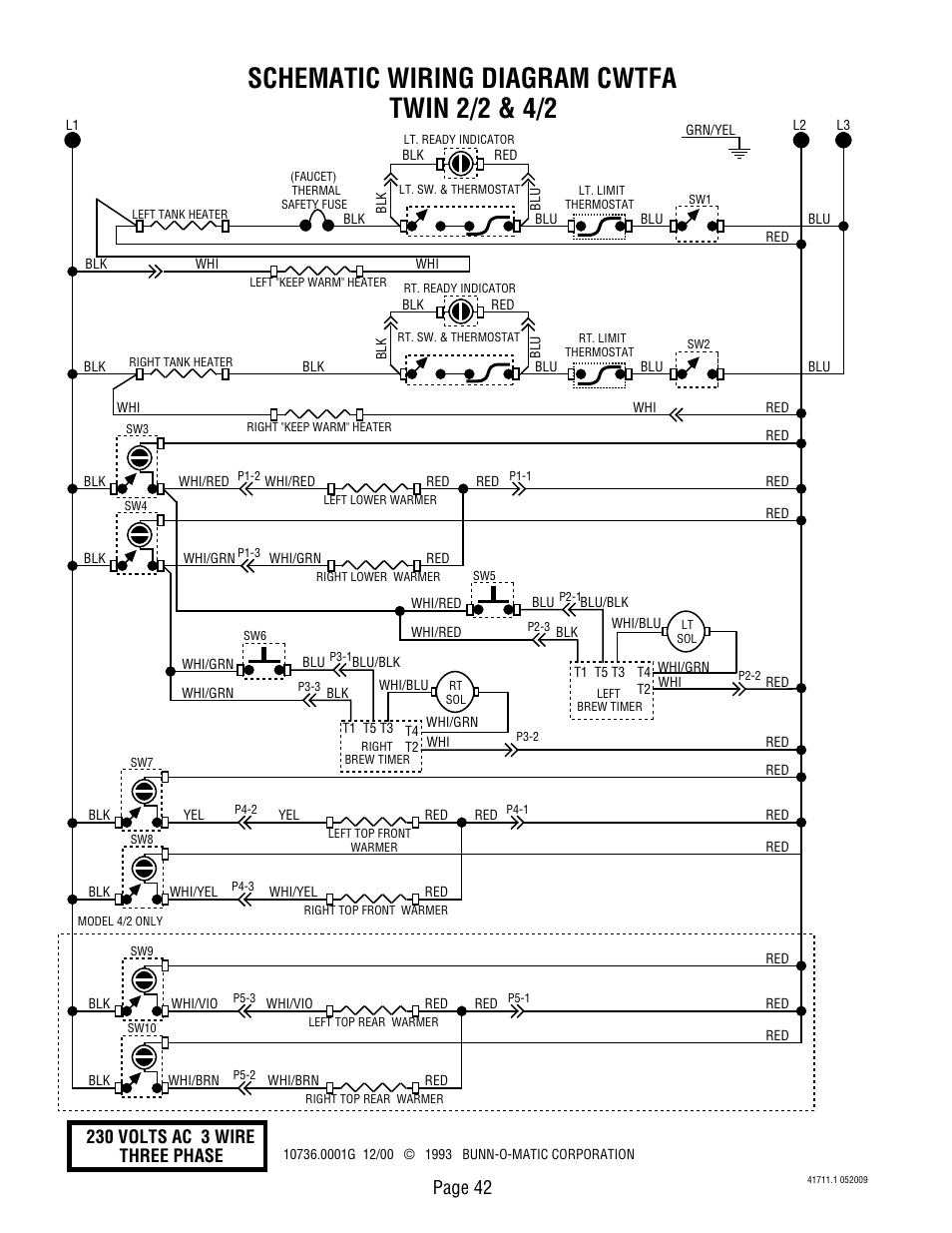 Schematic wiring diagram cwtfa twin 2/2 & 4/2, Page 42, 230 volts ac 3 wire three phase | Bunn C User Manual | Page 42 / 59