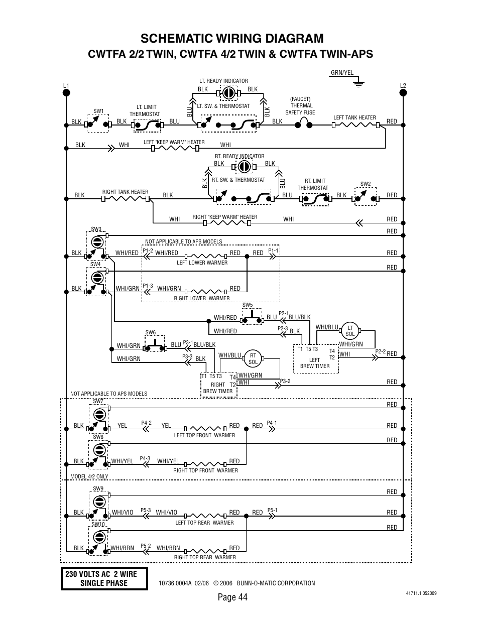 Schematic wiring diagram, Cwtfa 2/2 twin, cwtfa 4/2 twin & cwtfa twin-aps, Page 44 | 230 volts ac 2 wire single phase | Bunn C User Manual | Page 44 / 59