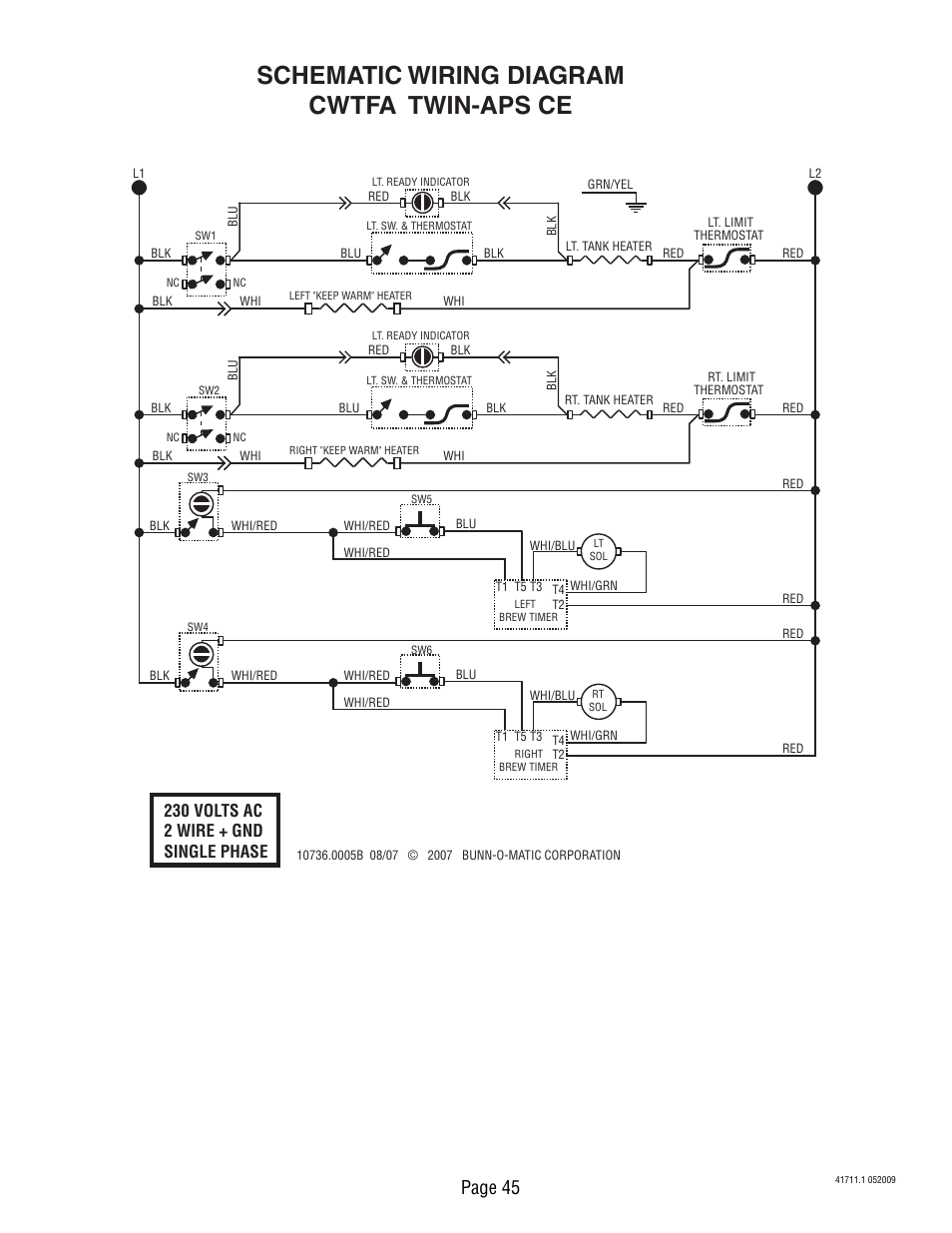 Schematic wiring diagram cwtfa twin-aps ce, Page 45, 230 volts ac 2 wire + gnd single phase | Bunn C User Manual | Page 45 / 59