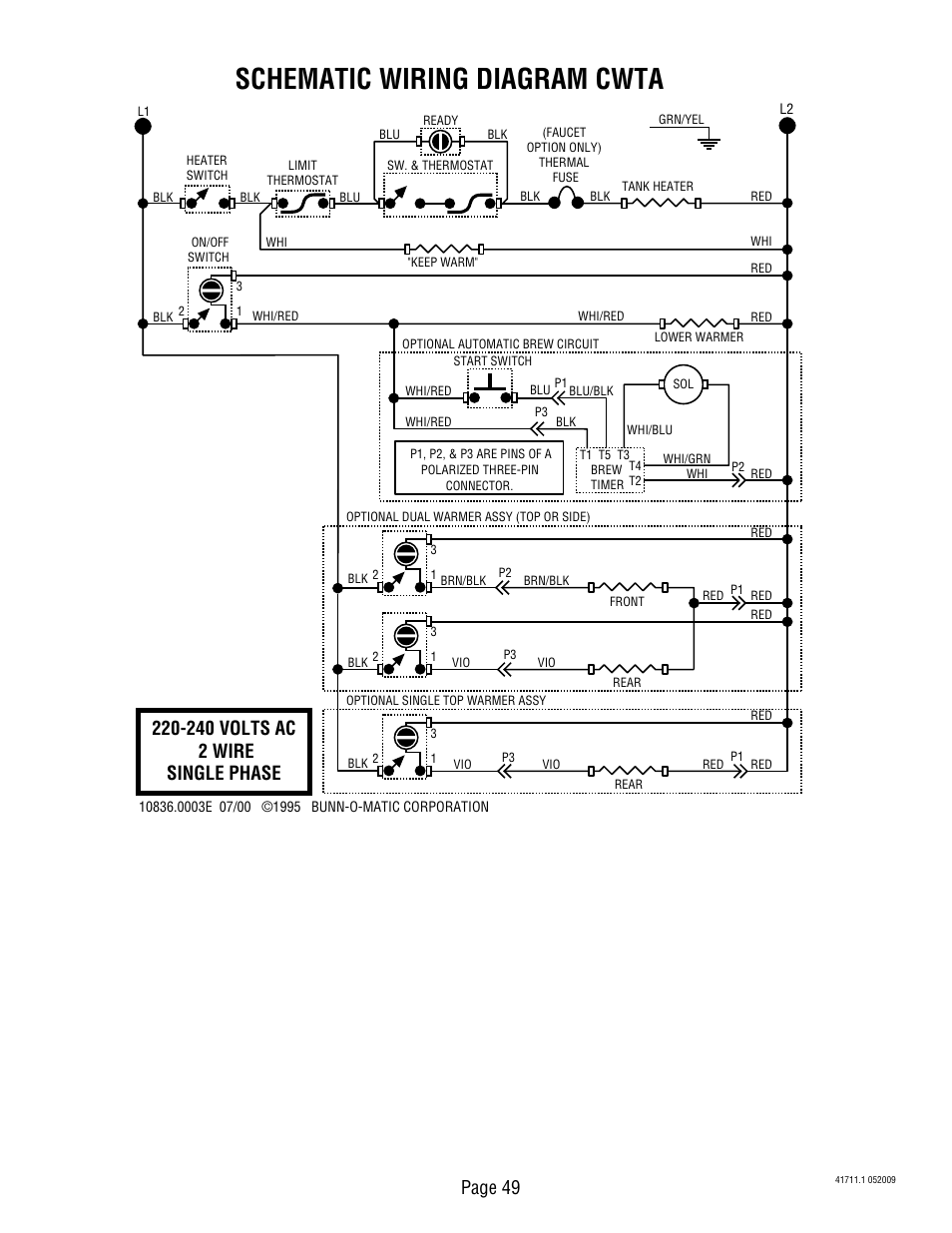 Schematic wiring diagram cwta, 240 volts ac 2 wire single phase, Page 49 | Bunn C User Manual | Page 49 / 59