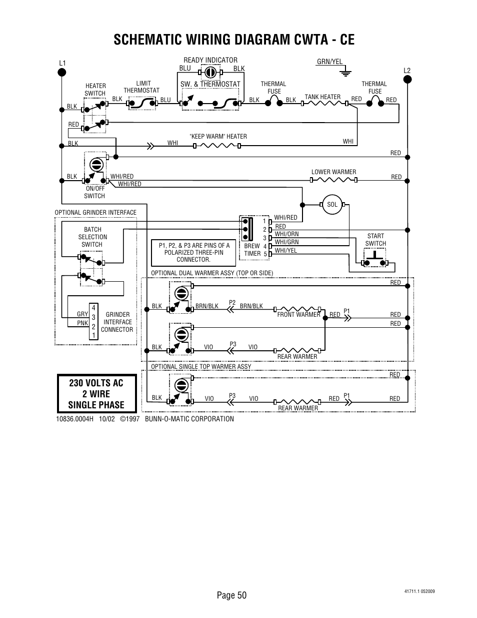Schematic wiring diagram cwta - ce, Page 50, 230 volts ac 2 wire single phase | Bunn C User Manual | Page 50 / 59