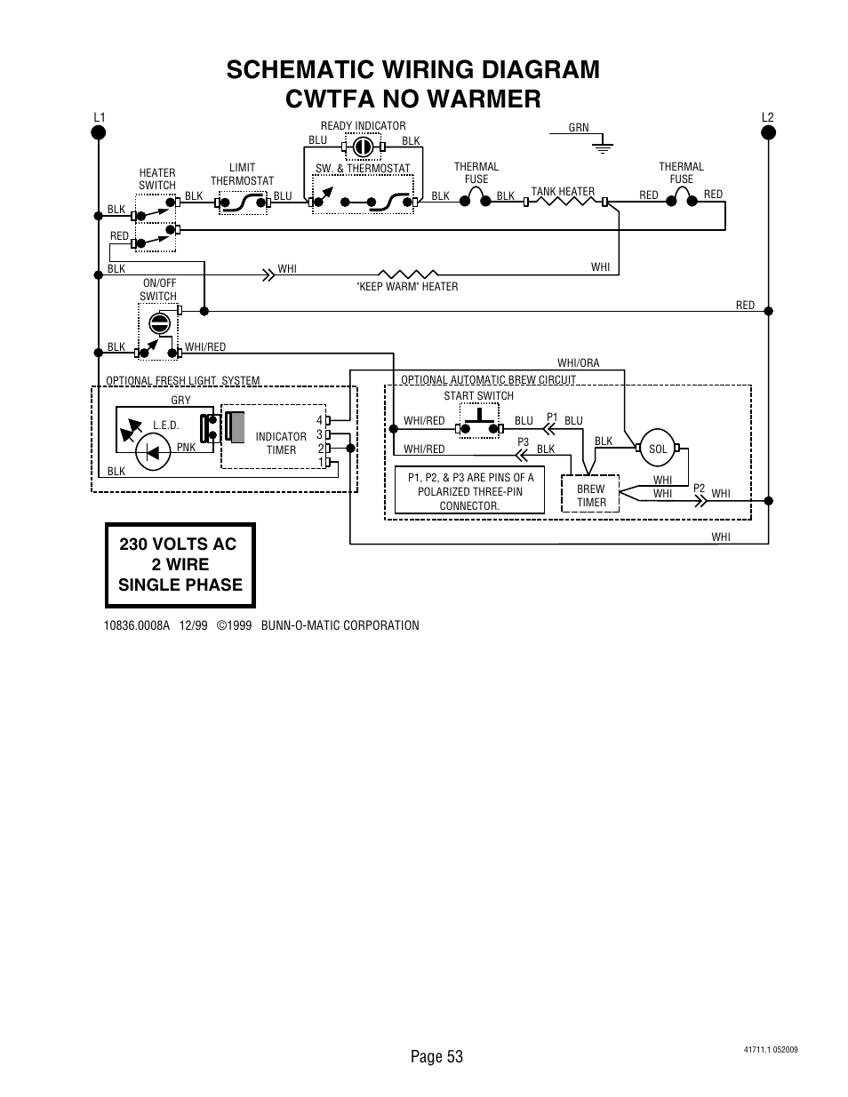 Schematic wiring diagram cwtfa no warmer, 230 volts ac 2 wire single phase, Page 53 | Bunn C User Manual | Page 53 / 59