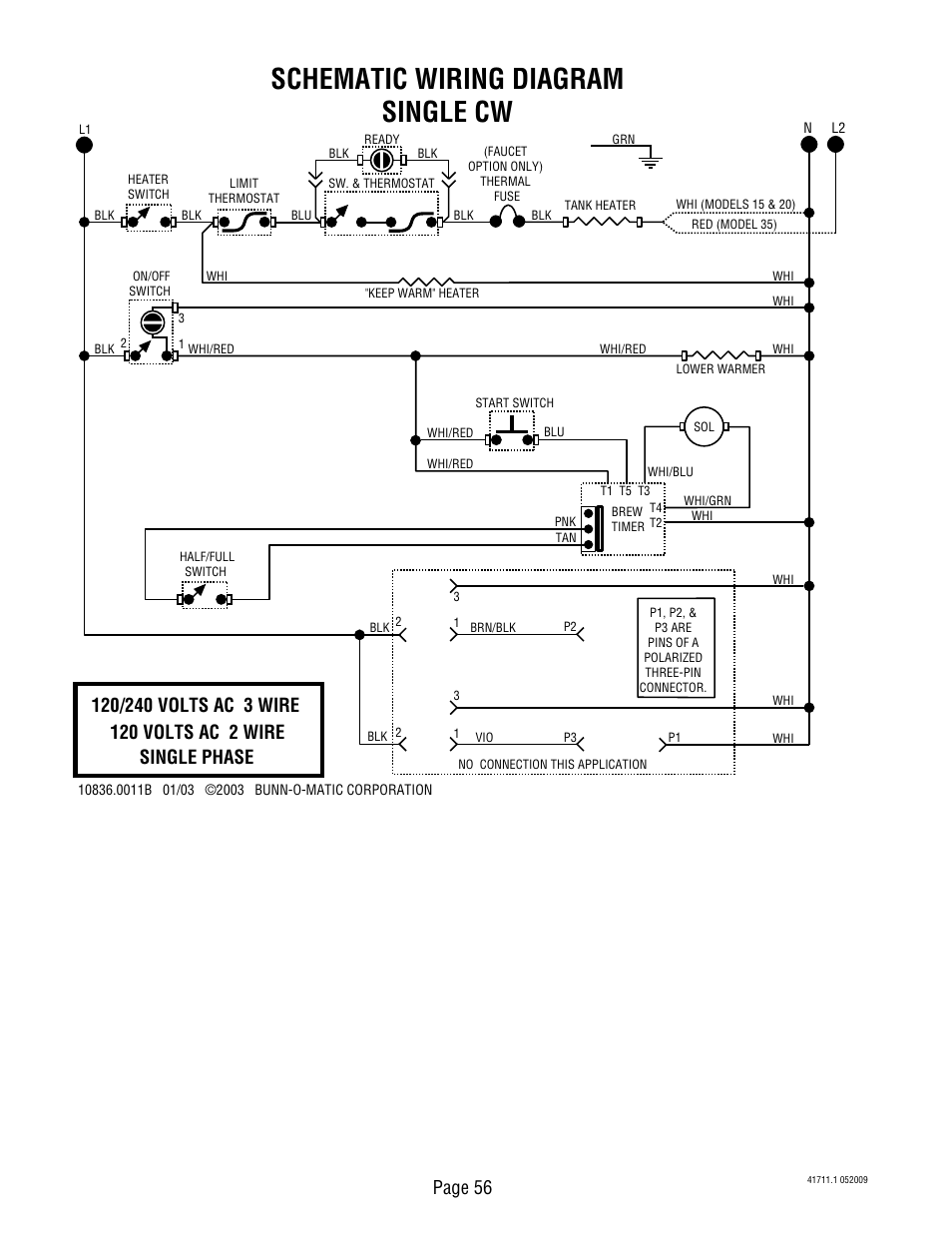 Schematic wiring diagram single cw, Page 56 | Bunn C User Manual | Page 56 / 59