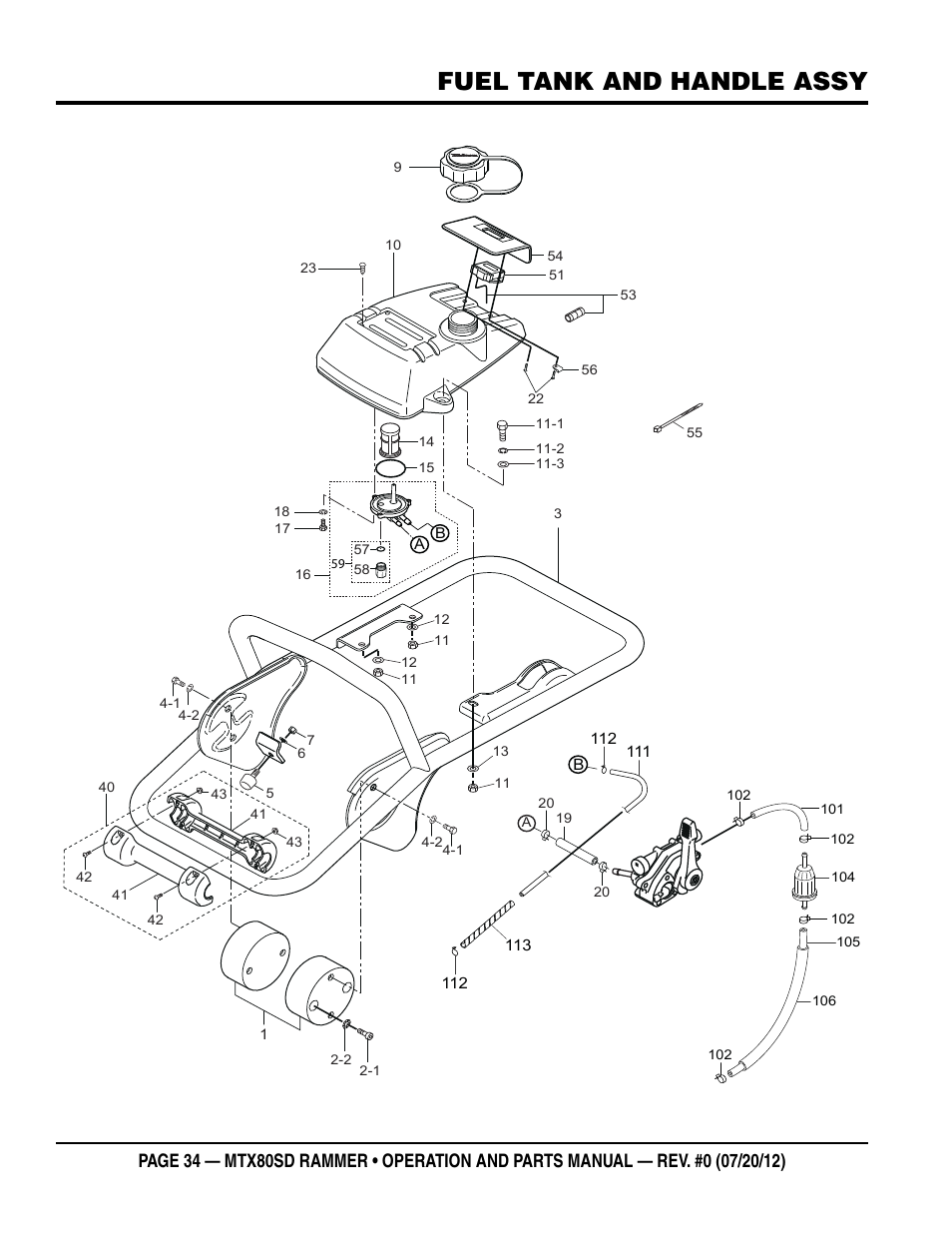 Fuel tank and handle assy | Multiquip MTX80SD User Manual | Page 34 / 58