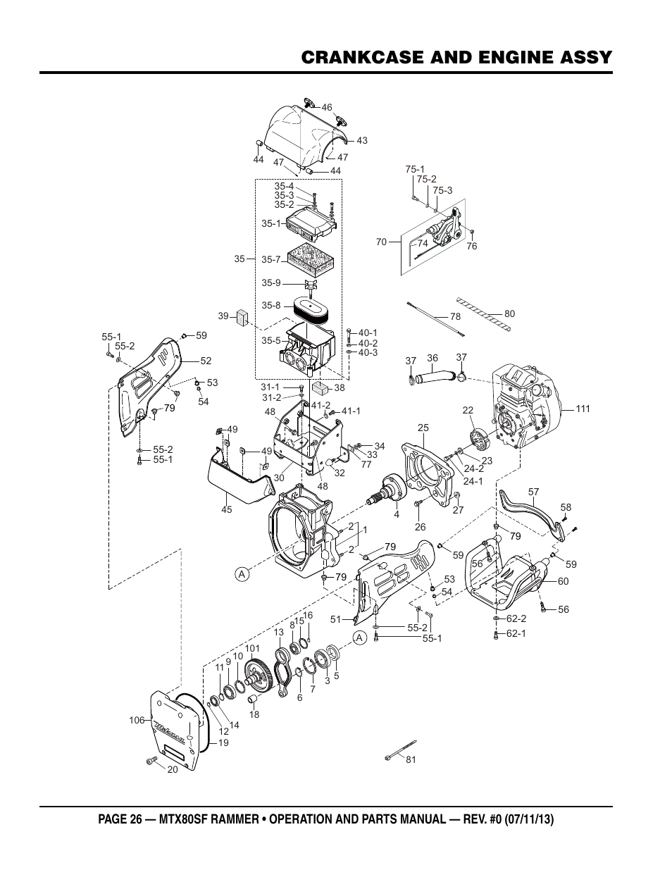 Crankcase and engine assy | Multiquip MTX80SF User Manual | Page 26 / 58