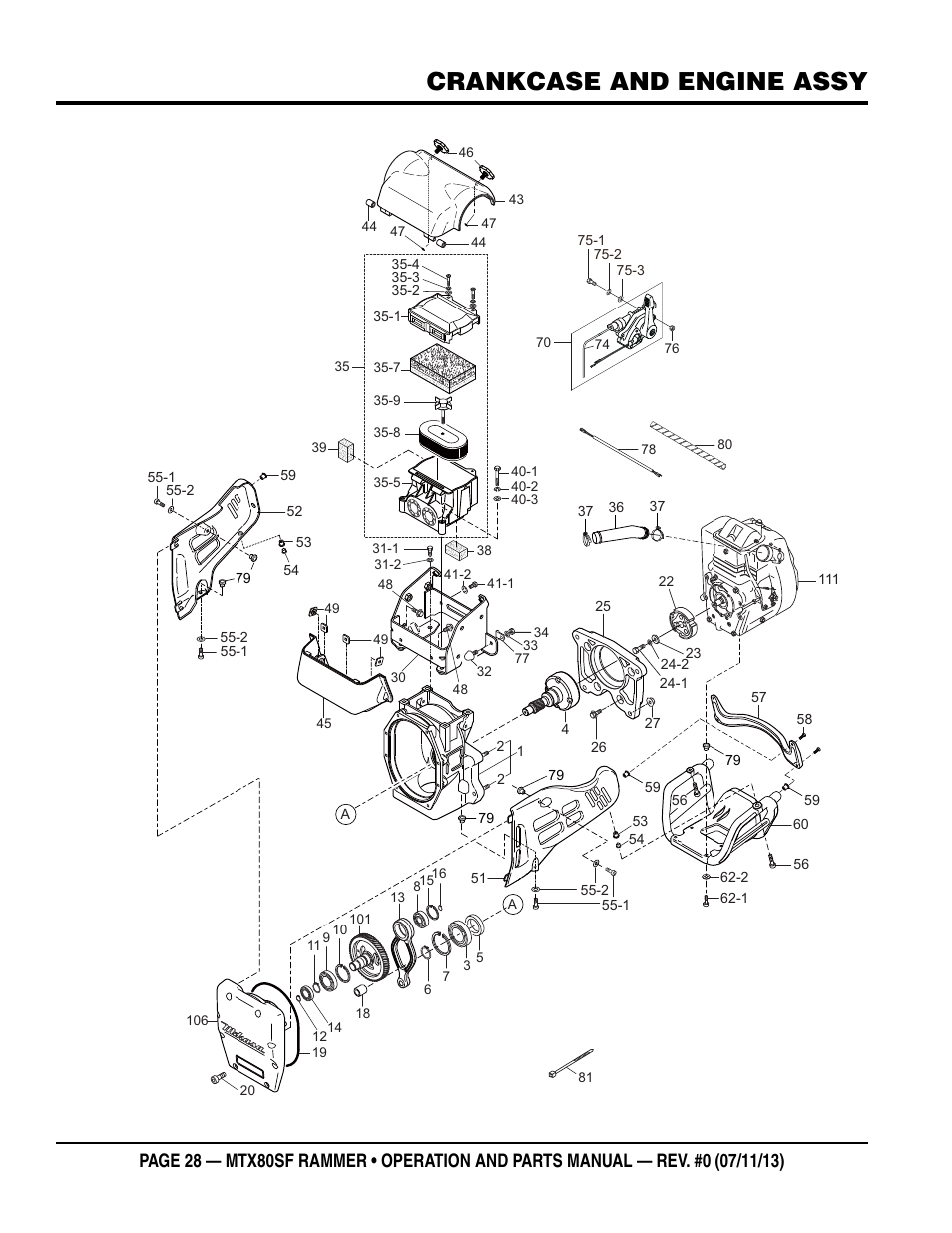 Crankcase and engine assy | Multiquip MTX80SF User Manual | Page 28 / 58