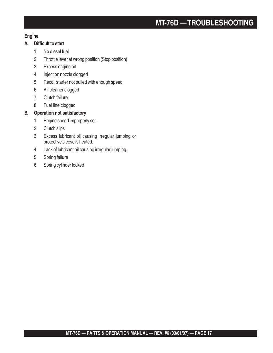 Mt-76d — troubleshooting | Multiquip MT76D User Manual | Page 17 / 50