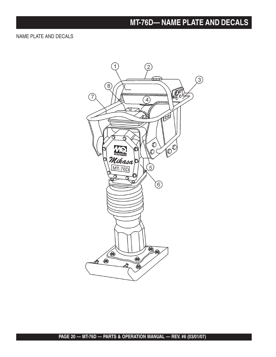 Mt-76d— name plate and decals | Multiquip MT76D User Manual | Page 20 / 50