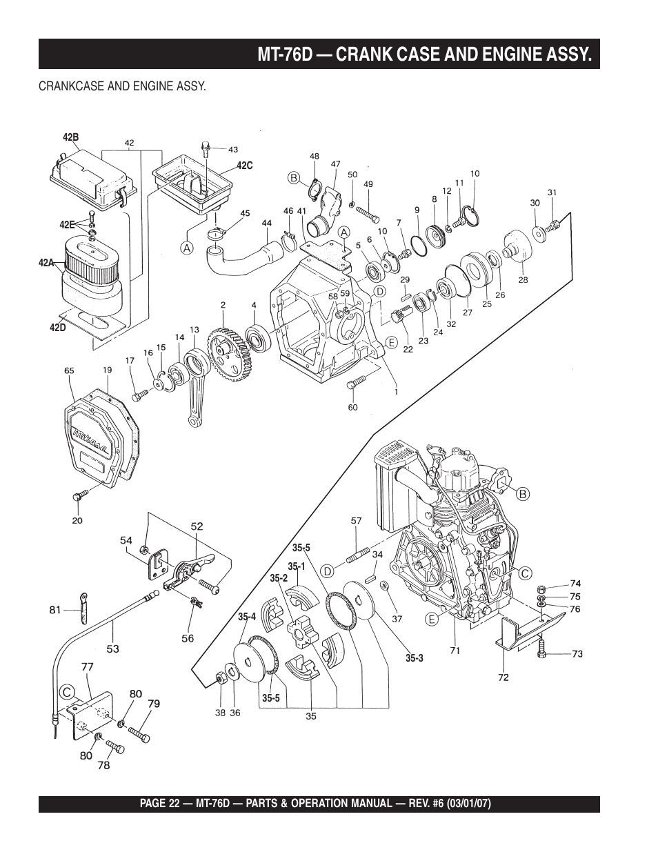 Mt-76d — crank case and engine assy | Multiquip MT76D User Manual | Page 22 / 50