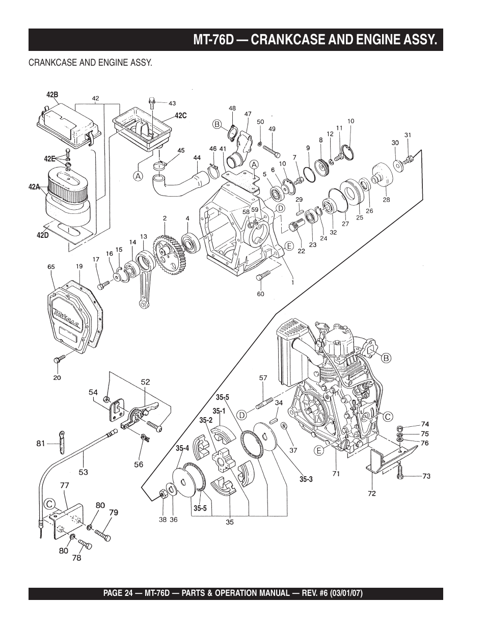 Mt-76d — crankcase and engine assy | Multiquip MT76D User Manual | Page 24 / 50