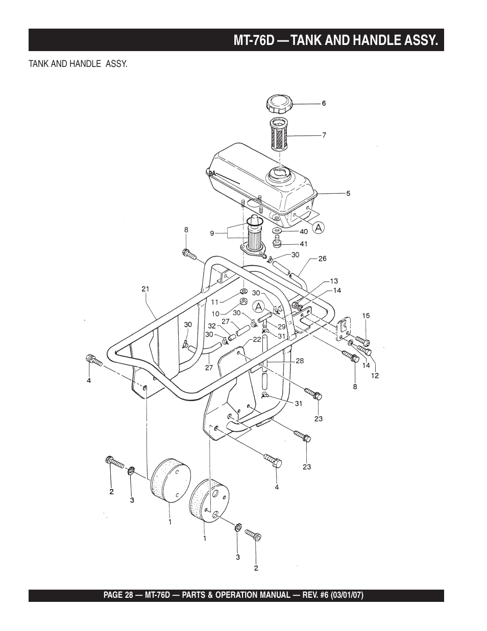 Mt-76d — tank and handle assy | Multiquip MT76D User Manual | Page 28 / 50