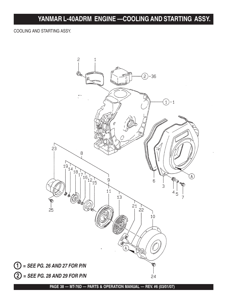 Yanmar l-40adrm engine —cooling and starting assy | Multiquip MT76D User Manual | Page 38 / 50