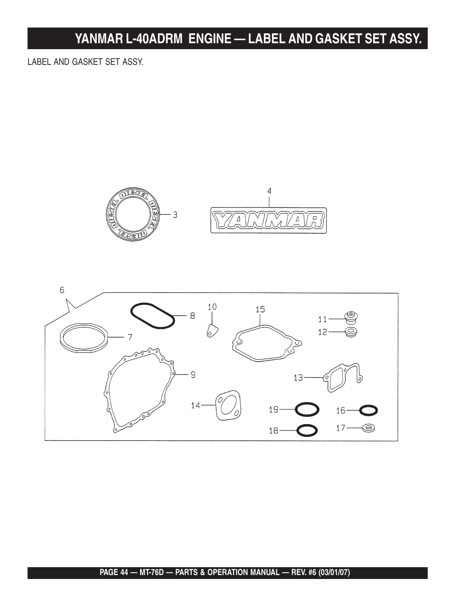 Yanmar l-40adrm engine — label and gasket set assy | Multiquip MT76D User Manual | Page 44 / 50