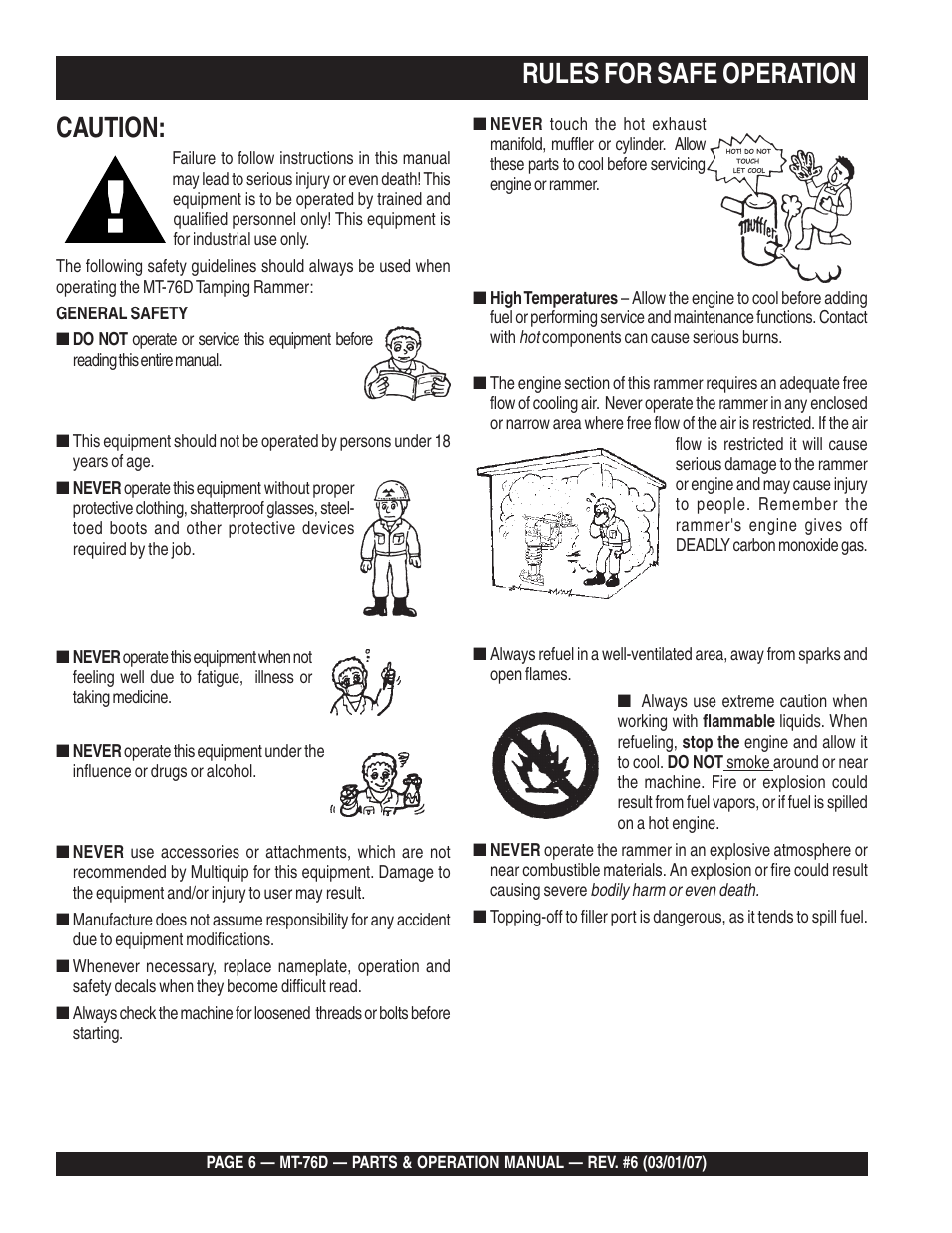 Caution, Rules for safe operation | Multiquip MT76D User Manual | Page 6 / 50