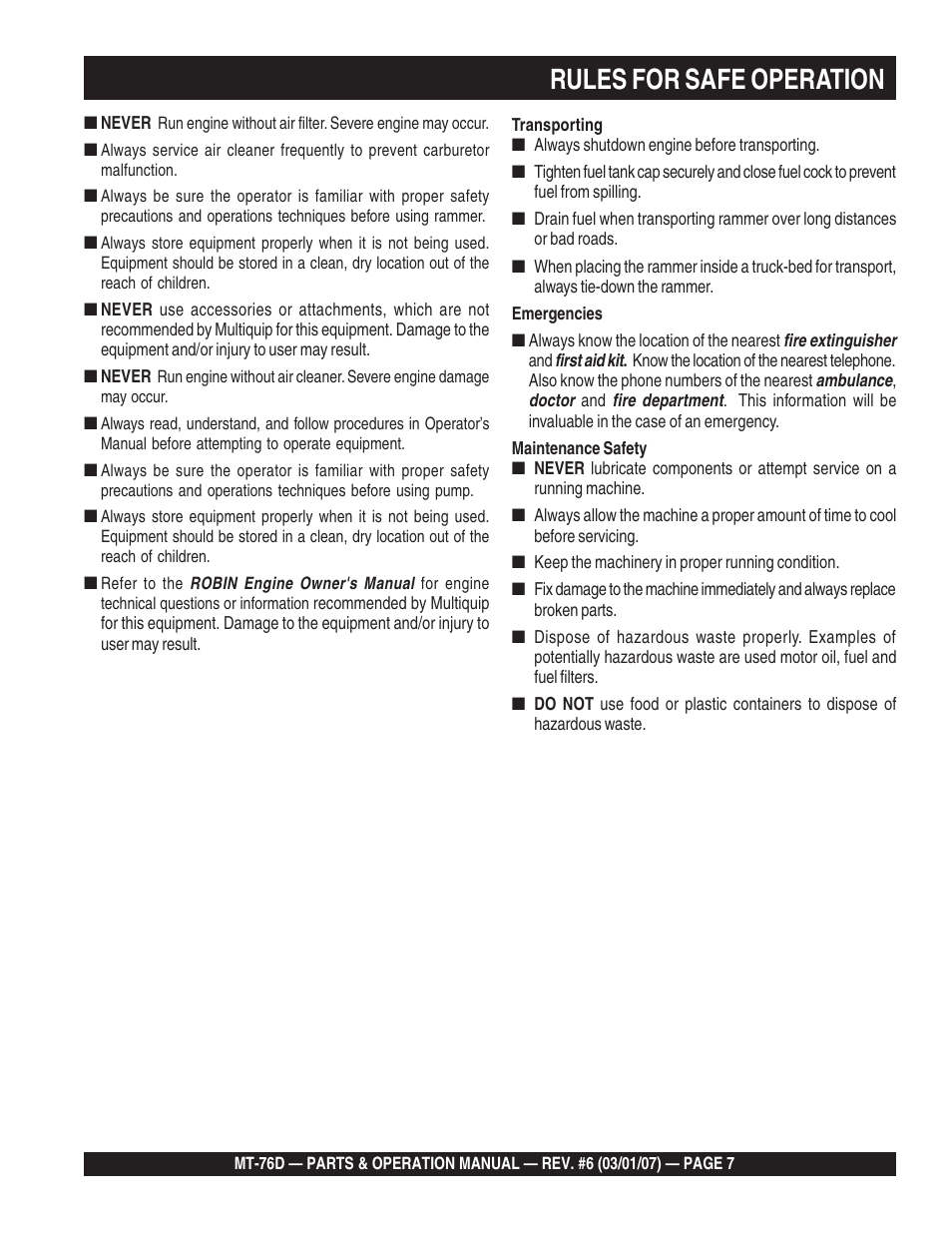 Rules for safe operation | Multiquip MT76D User Manual | Page 7 / 50
