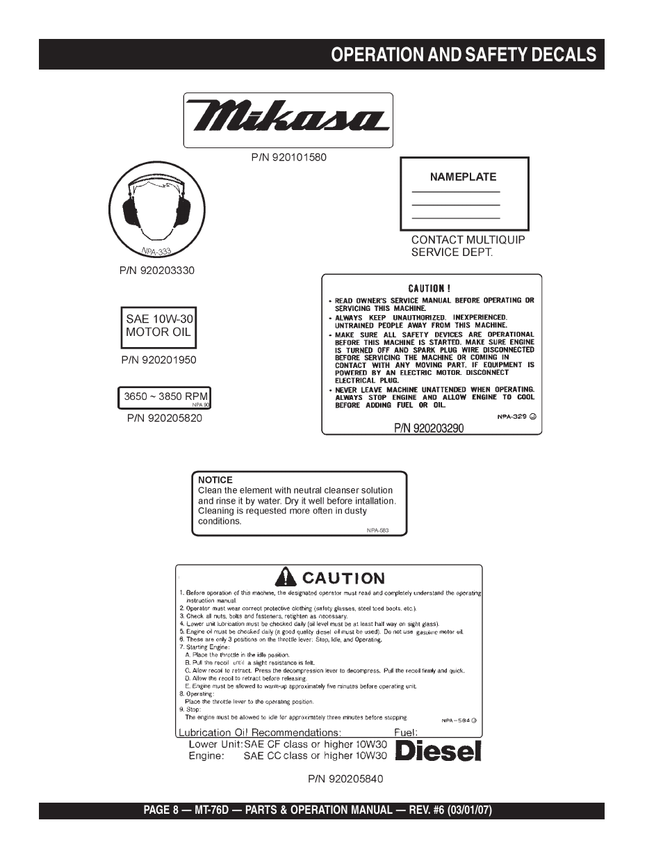 Operation and safety decals | Multiquip MT76D User Manual | Page 8 / 50