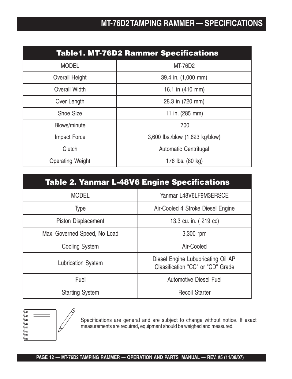 Mt-76d2 tamping rammer — specifications | Multiquip MT76D2 User Manual | Page 12 / 58