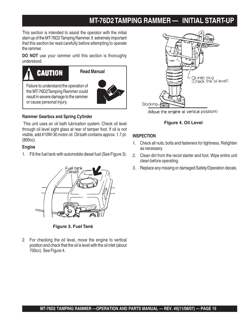 Mt-76d2 tamping rammer — initial start-up, Cauti, Cauti caution | Multiquip MT76D2 User Manual | Page 15 / 58