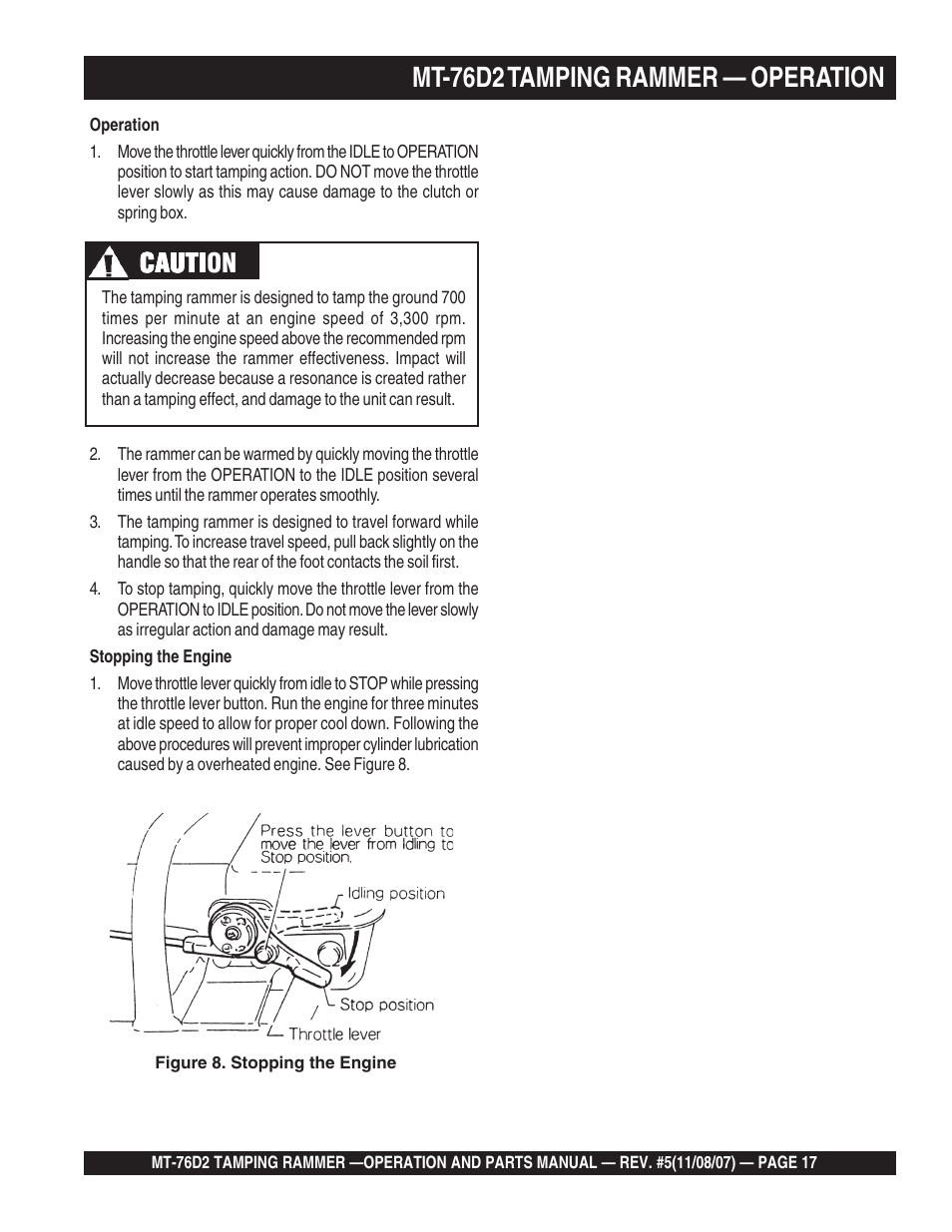 Mt-76d2 tamping rammer — operation, Cauti, Cauti caution | Multiquip MT76D2 User Manual | Page 17 / 58