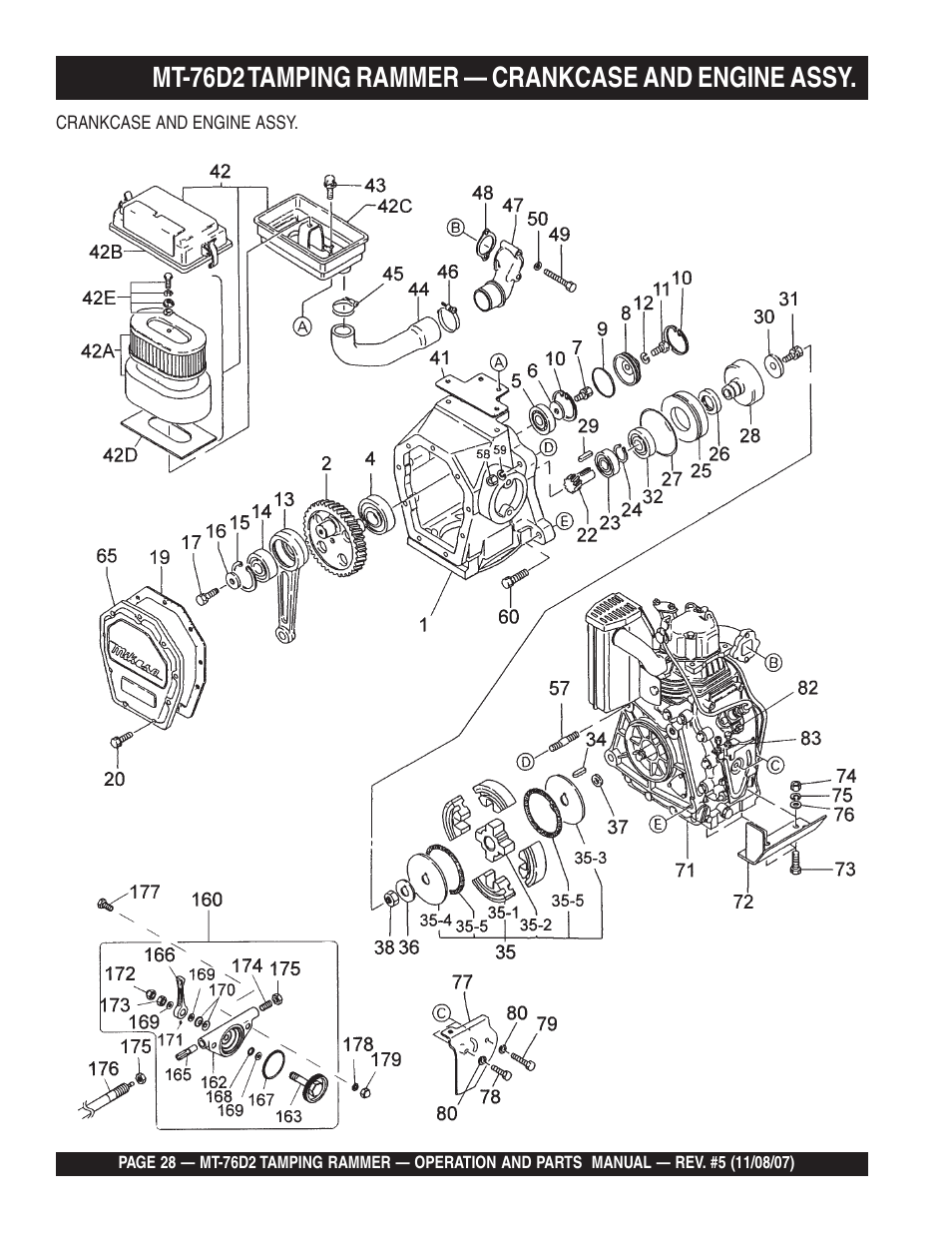 Mt-76d2 tamping rammer — crankcase and engine assy | Multiquip MT76D2 User Manual | Page 28 / 58