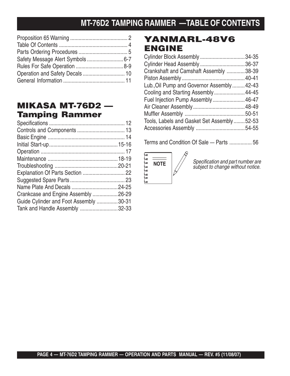 Mt-76d2 tamping rammer —table of contents, Mikasa mt-76d2 — tamping rammer, Yanmarl-48v6 engine | Multiquip MT76D2 User Manual | Page 4 / 58