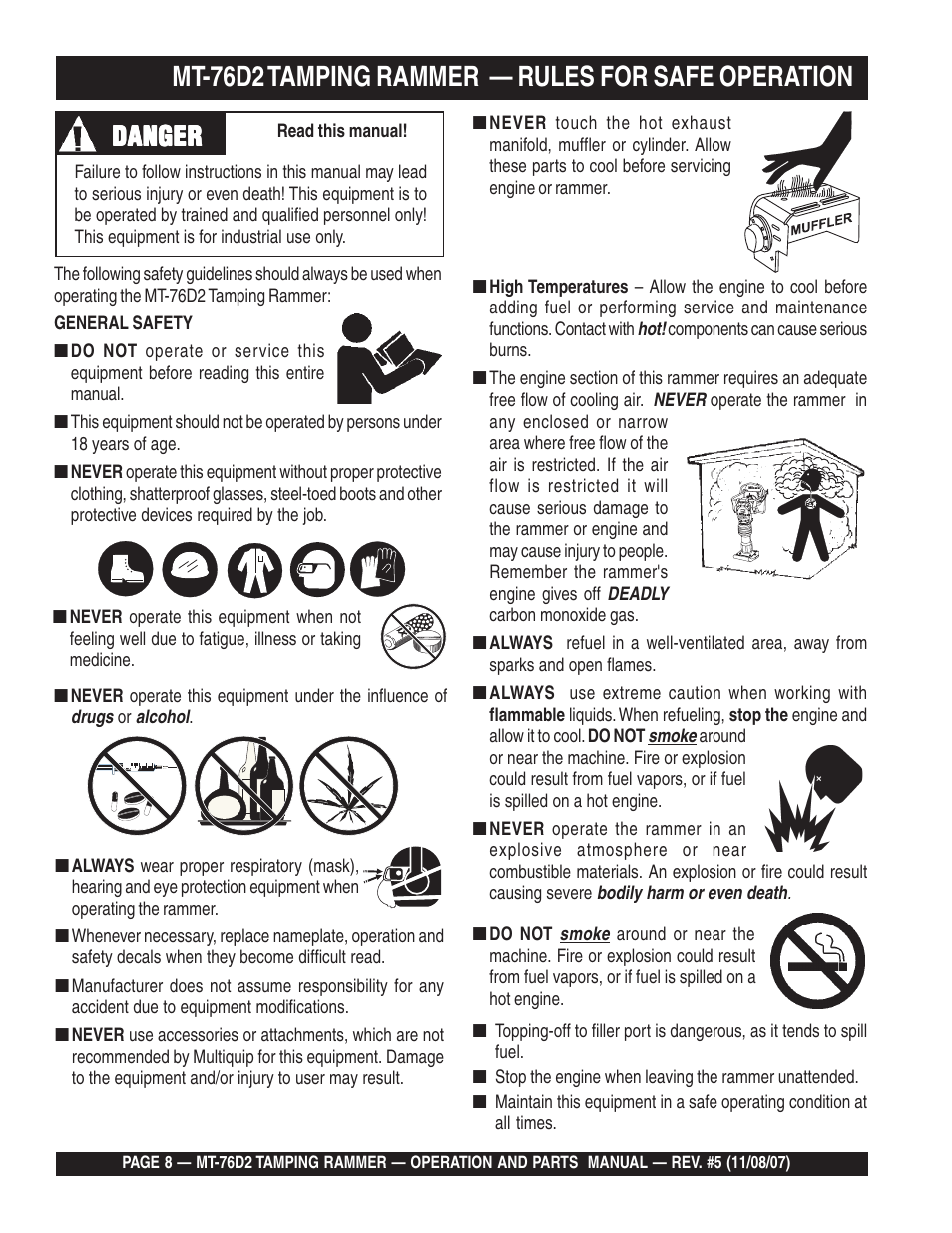 Mt-76d2 tamping rammer — rules for safe operation, Danger | Multiquip MT76D2 User Manual | Page 8 / 58