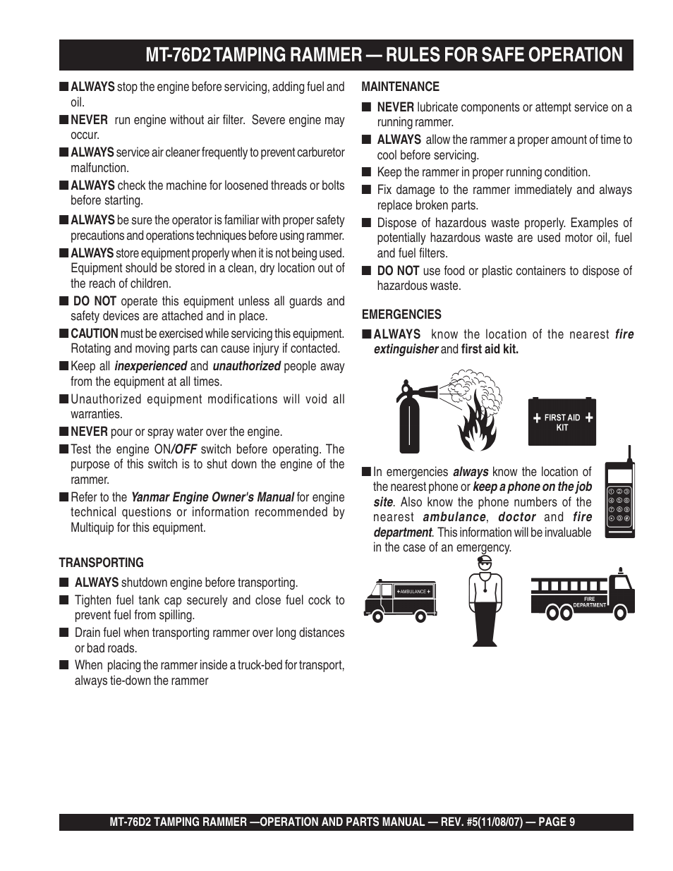 Mt-76d2 tamping rammer — rules for safe operation | Multiquip MT76D2 User Manual | Page 9 / 58