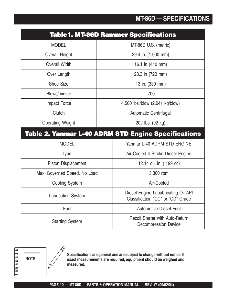 Mt-86d — specifications | Multiquip MT86D_Yanmar User Manual | Page 10 / 50
