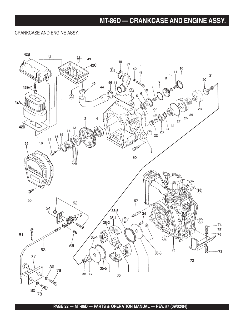 Mt-86d — crankcase and engine assy | Multiquip MT86D_Yanmar User Manual | Page 22 / 50