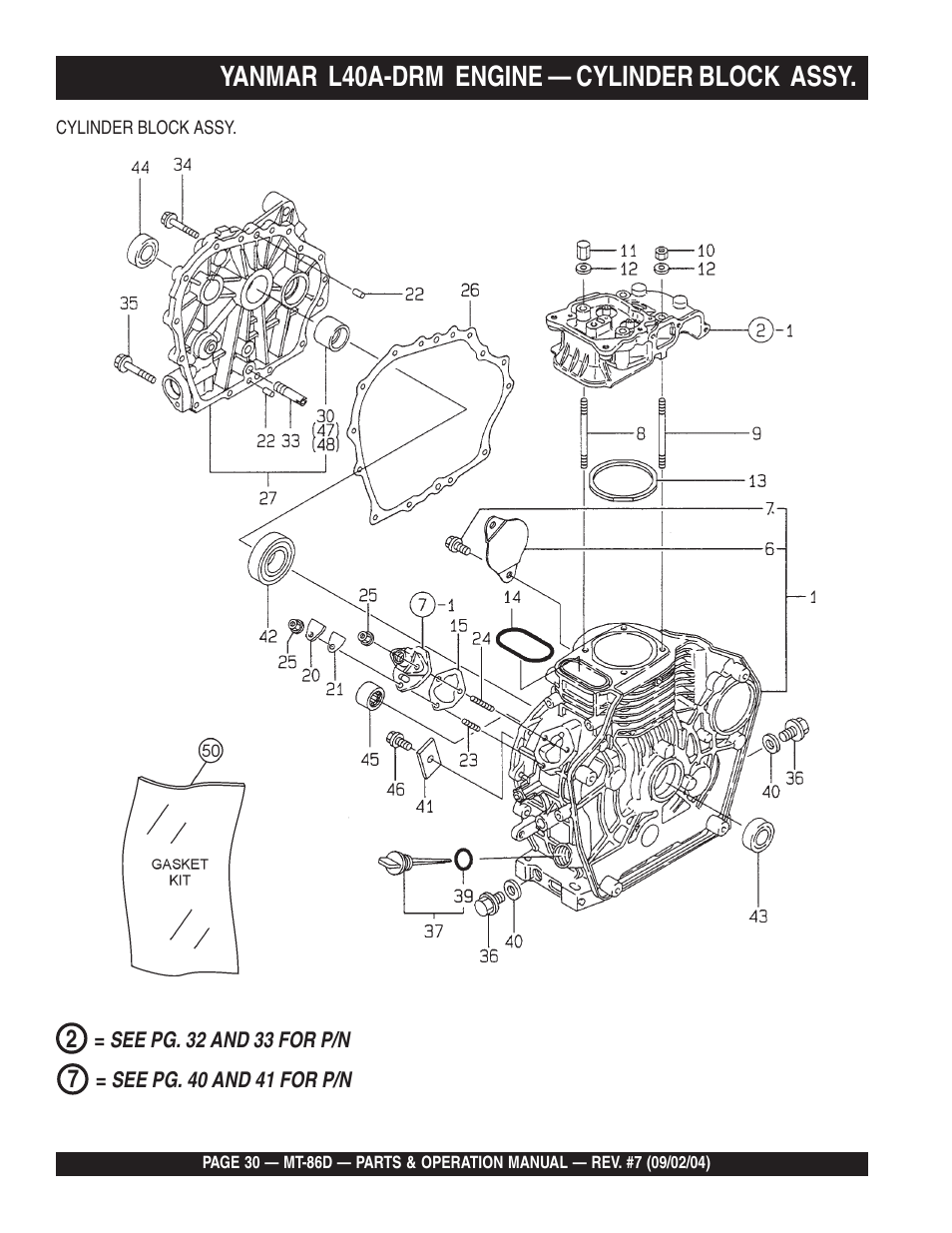 Yanmar l40a-drm engine — cylinder block assy | Multiquip MT86D_Yanmar User Manual | Page 30 / 50