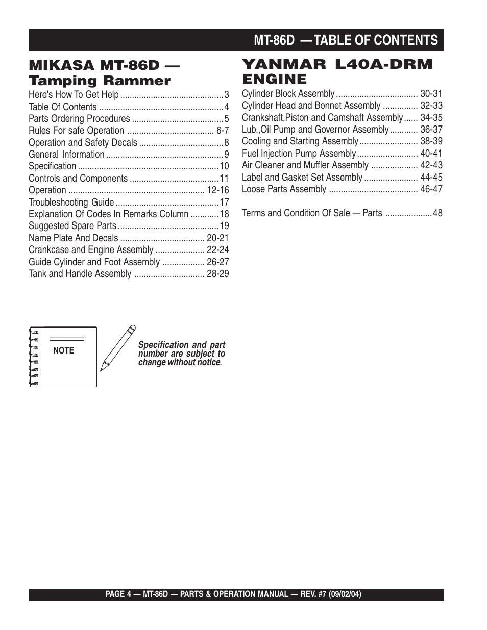 Mt-86d — table of contents, Yanmar l40a-drm engine, Mikasa mt-86d — tamping rammer | Multiquip MT86D_Yanmar User Manual | Page 4 / 50