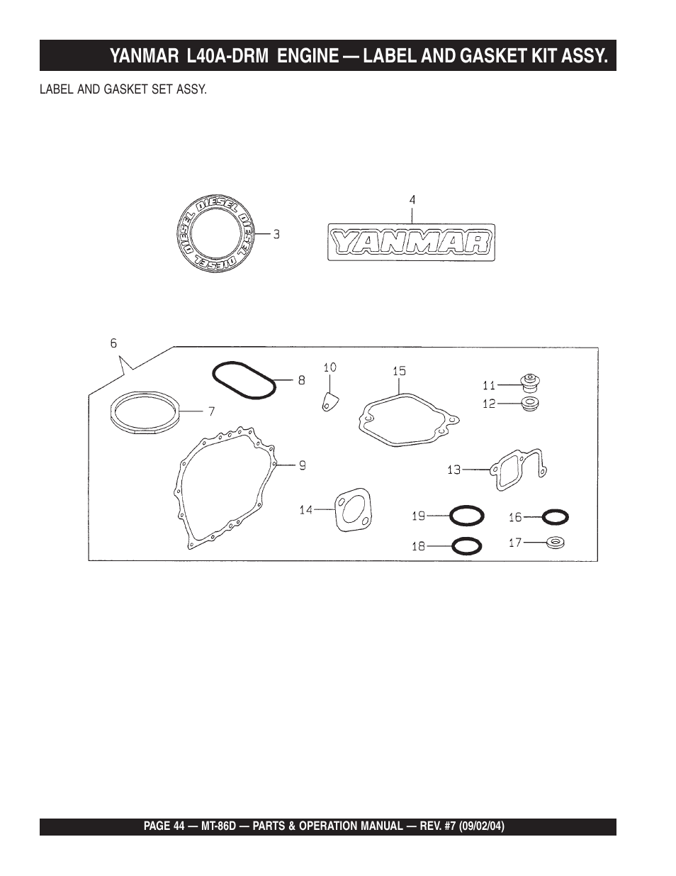 Yanmar l40a-drm engine — label and gasket kit assy | Multiquip MT86D_Yanmar User Manual | Page 44 / 50