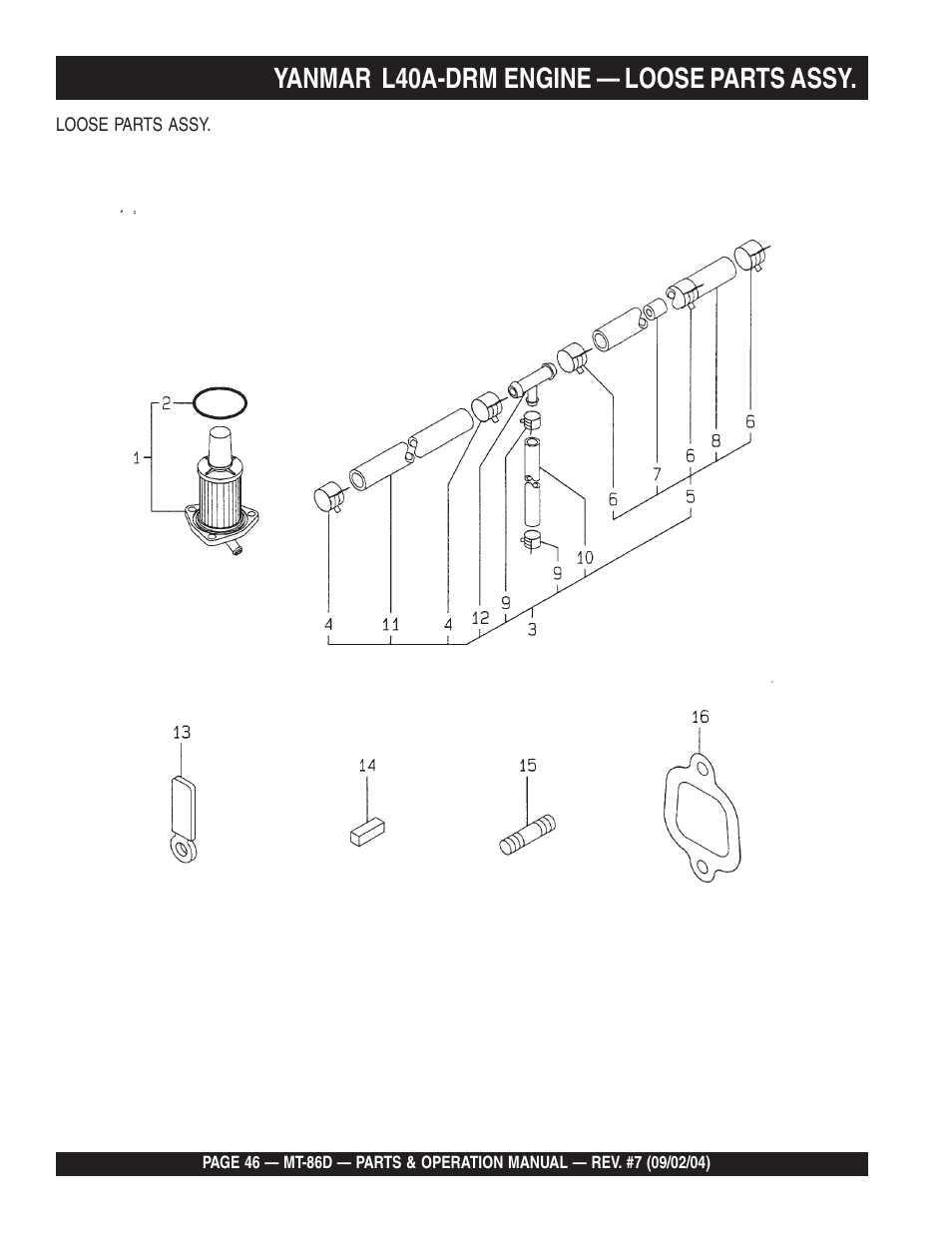 Yanmar l40a-drm engine — loose parts assy | Multiquip MT86D_Yanmar User Manual | Page 46 / 50