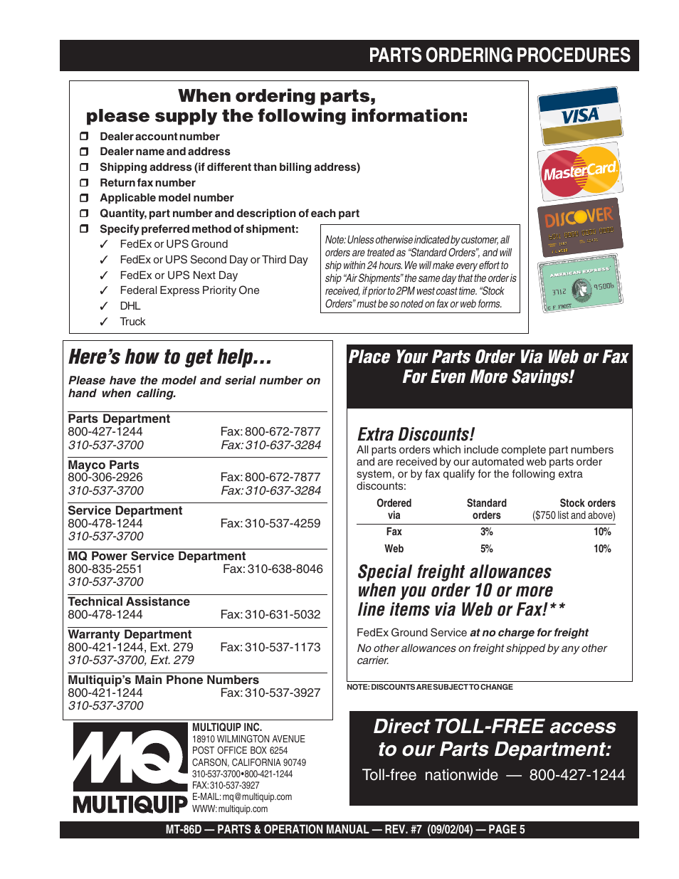 Parts ordering procedures, Here’s how to get help, Direct toll-free access to our parts department | Extra discounts | Multiquip MT86D_Yanmar User Manual | Page 5 / 50