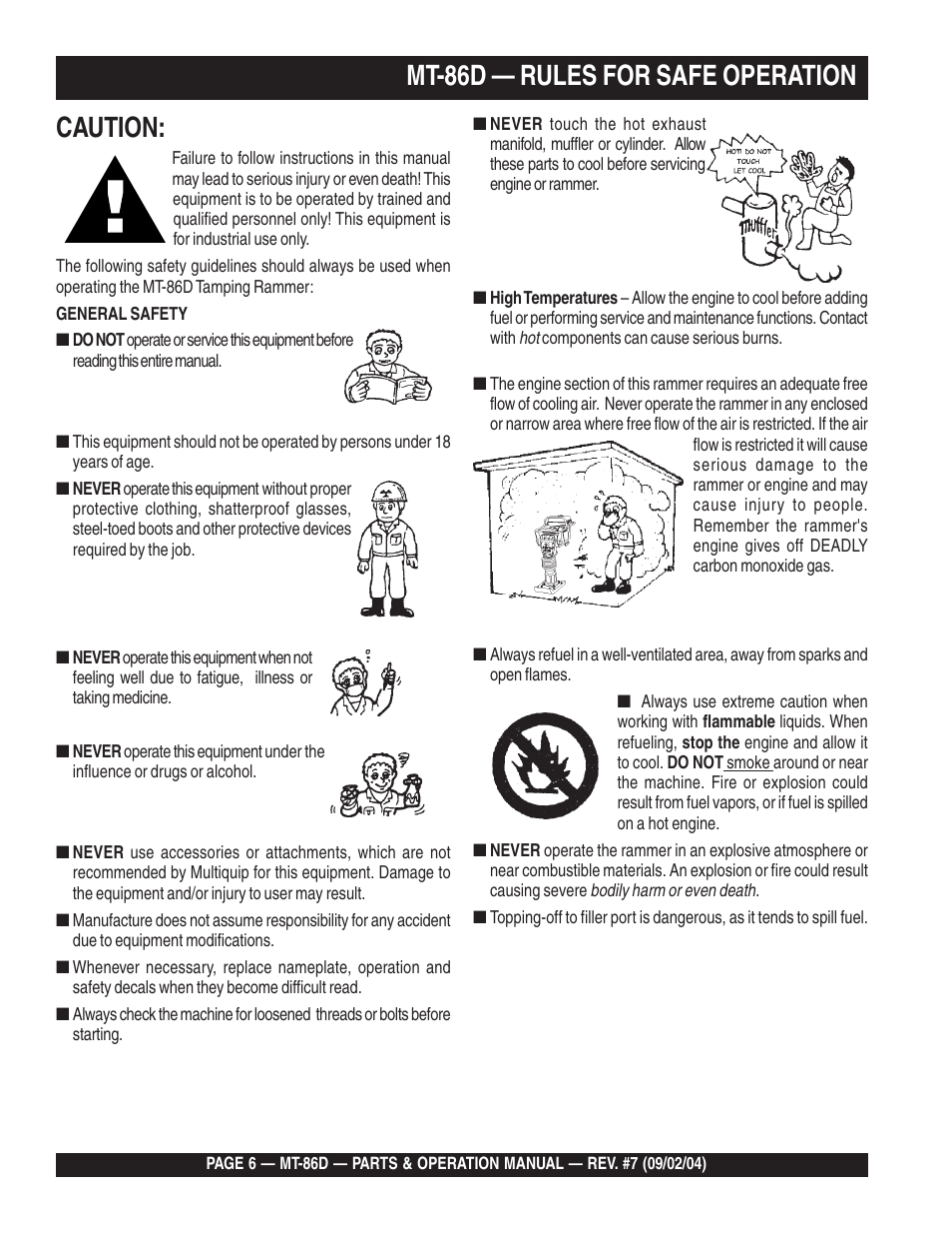 Caution, Mt-86d — rules for safe operation | Multiquip MT86D_Yanmar User Manual | Page 6 / 50