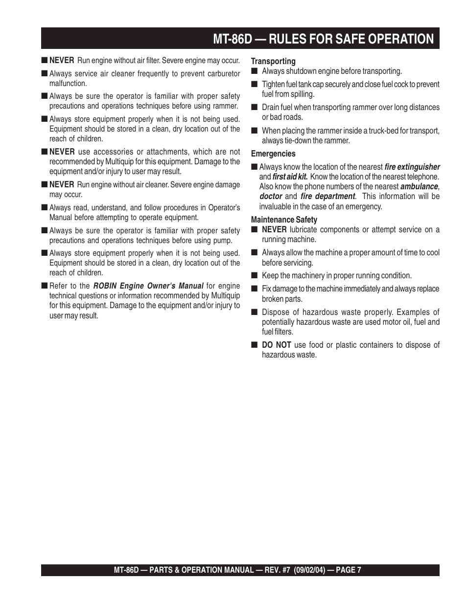 Mt-86d — rules for safe operation | Multiquip MT86D_Yanmar User Manual | Page 7 / 50