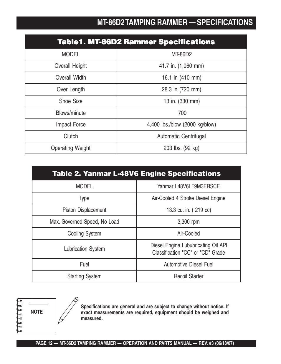 Mt-86d2 tamping rammer — specifications | Multiquip MT86D2 User Manual | Page 12 / 58