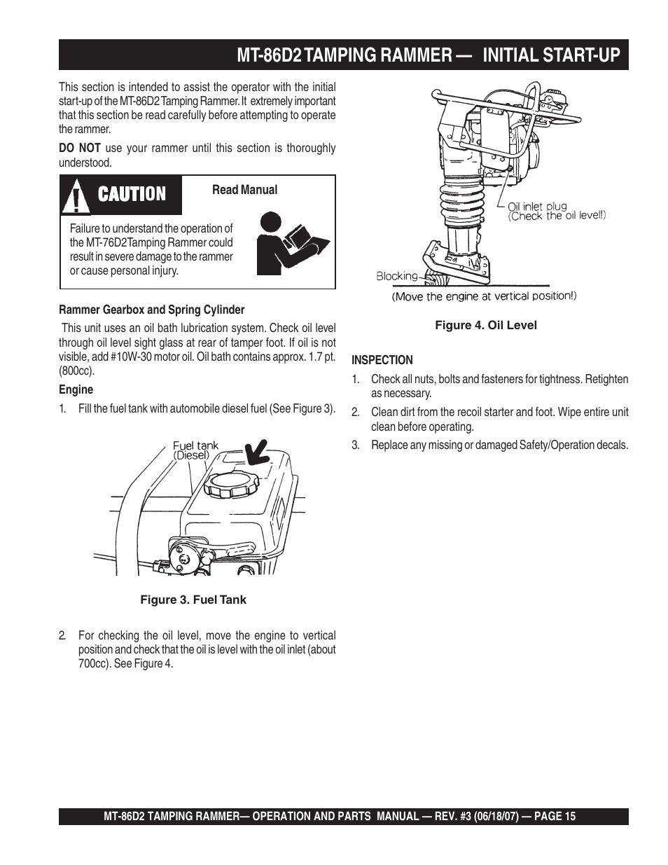 Mt-86d2 tamping rammer — initial start-up, Cauti, Cauti caution | Multiquip MT86D2 User Manual | Page 15 / 58