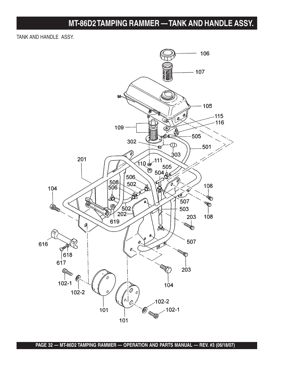 Mt-86d2 tamping rammer — tank and handle assy | Multiquip MT86D2 User Manual | Page 32 / 58