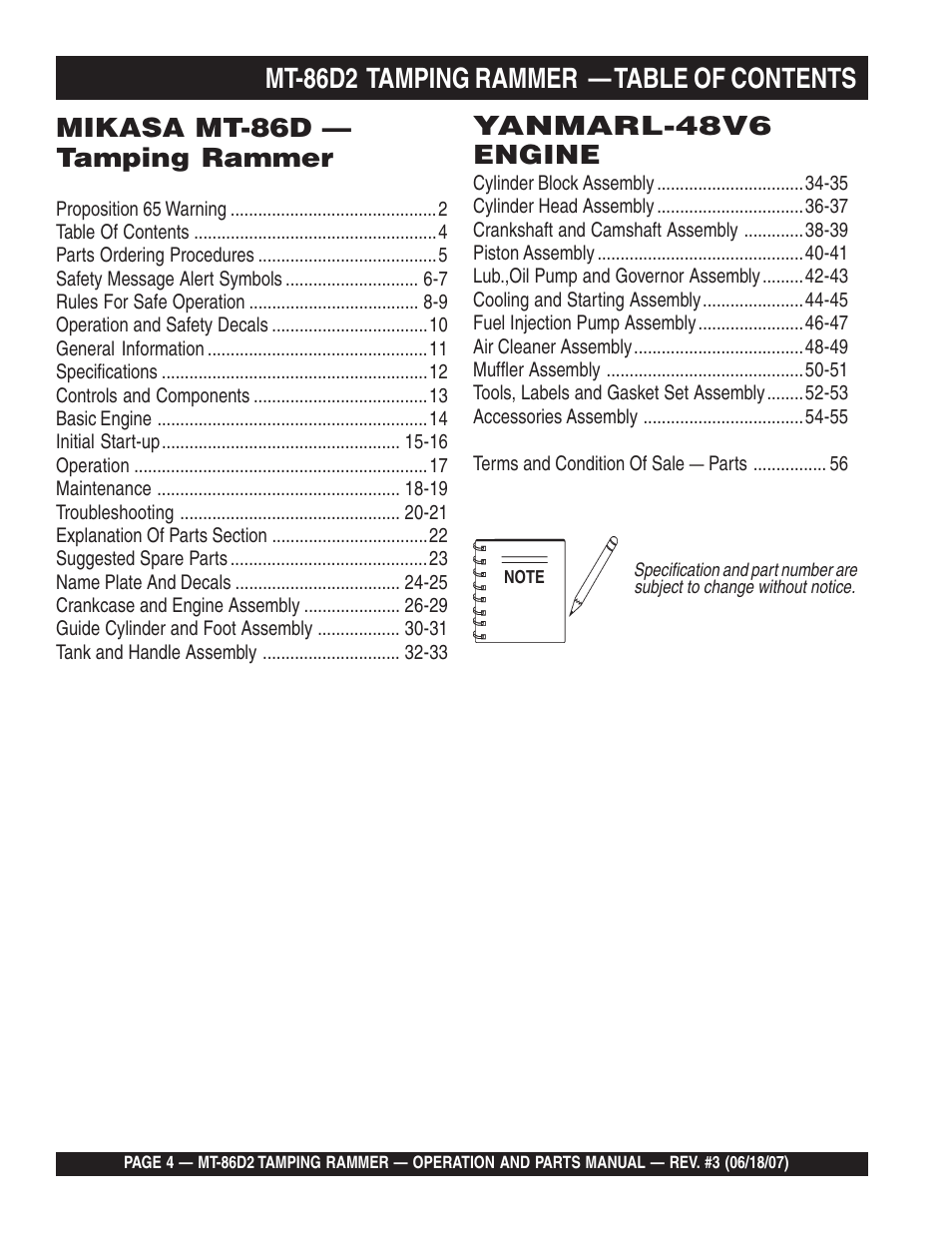 Mt-86d2 tamping rammer — table of contents, Mikasa mt-86d — tamping rammer, Yanmarl-48v6 engine | Multiquip MT86D2 User Manual | Page 4 / 58