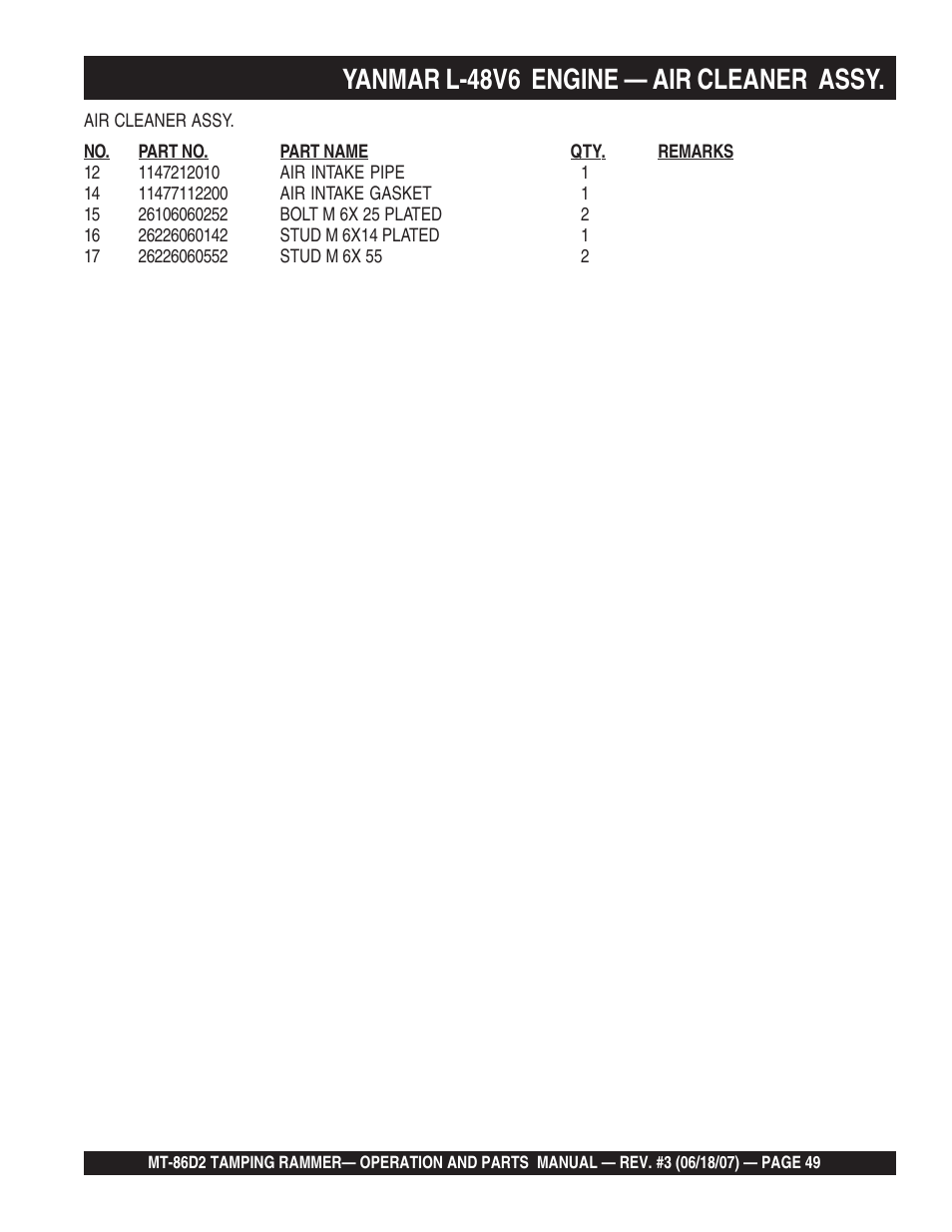 Yanmar l-48v6 engine — air cleaner assy | Multiquip MT86D2 User Manual | Page 49 / 58